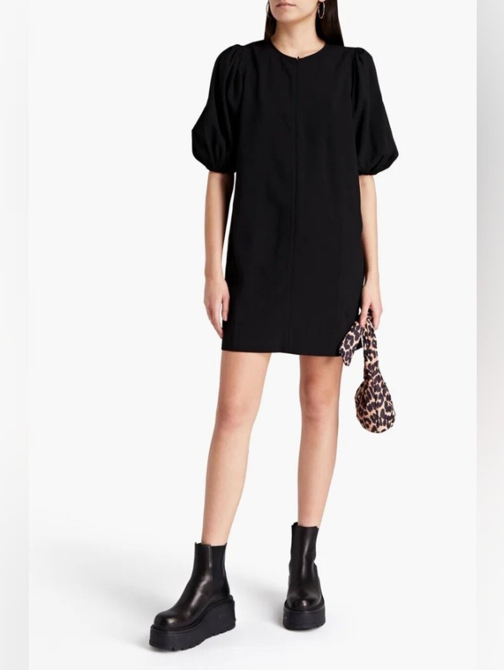 GANNI Heavy Crepe Mini Baloon Sleve Dress Black Minimalist Size EU 38 NWT